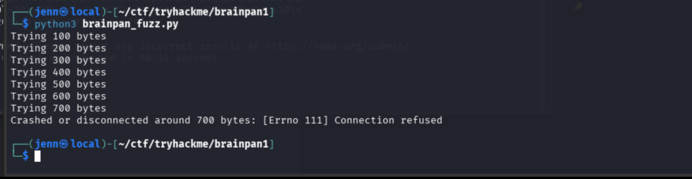 Fuzzer output showing successful sends through 600 bytes then crash around 700 bytes